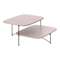 Blue and pink minimalist coffee tables with smooth surfaces and sleek metal legs, featuring unique geometric shapes.