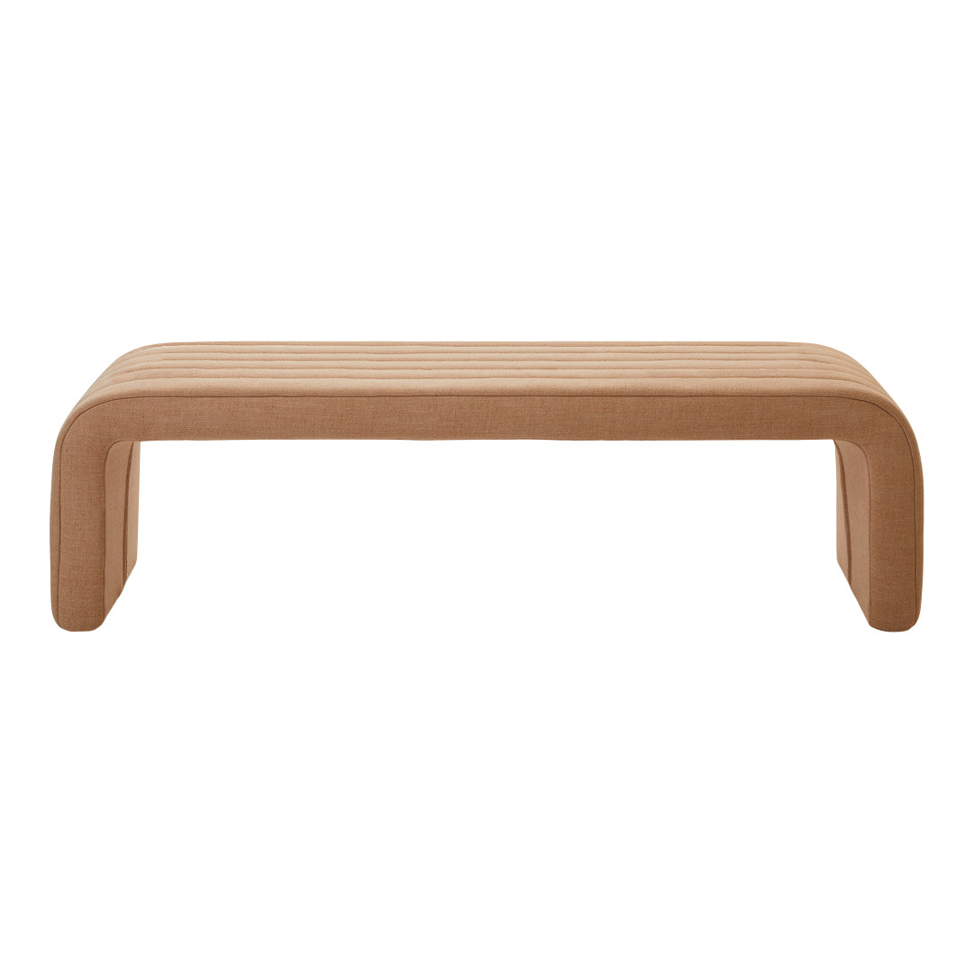 Beige upholstered bench with ribbed texture and smooth curved edges for a modern look.