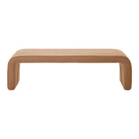 Beige upholstered bench with ribbed texture and smooth curved edges for a modern look.