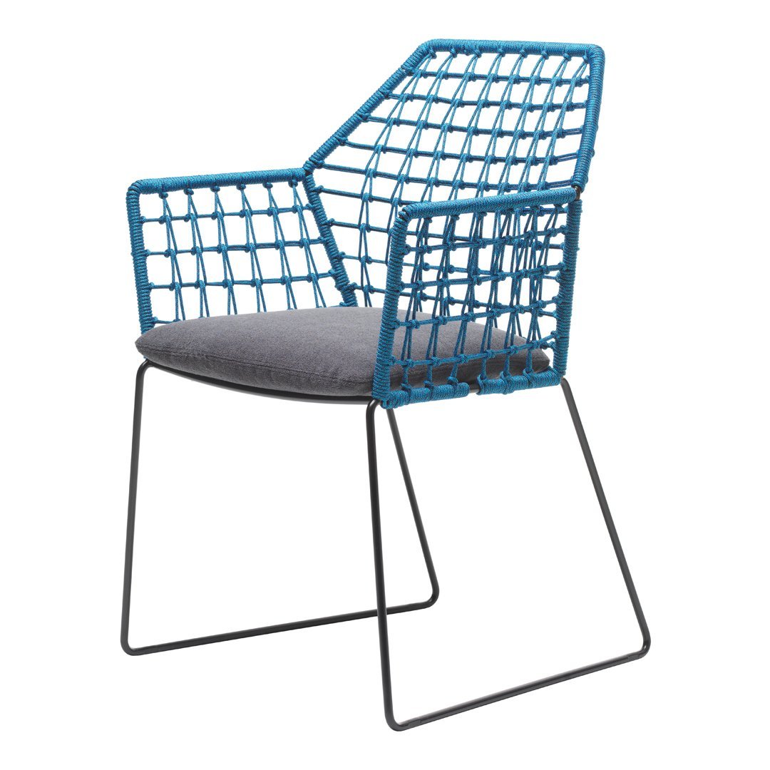 Blue lattice-patterned chair with a gray cushion on a sleek black frame. Bright and modern design for any space.
