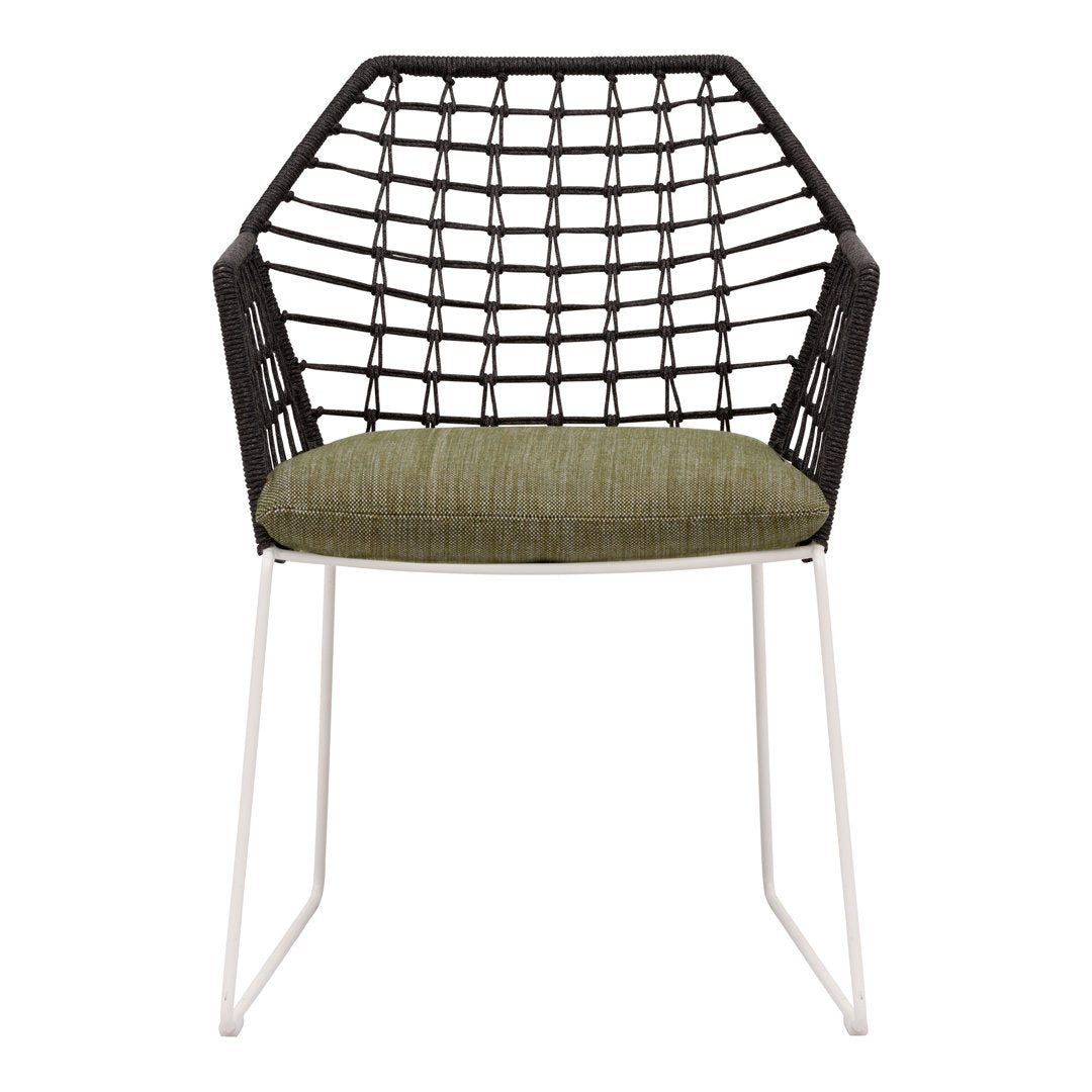 Black woven chair with green cushion and white legs, featuring a geometric pattern. Modern design for trendy decor.