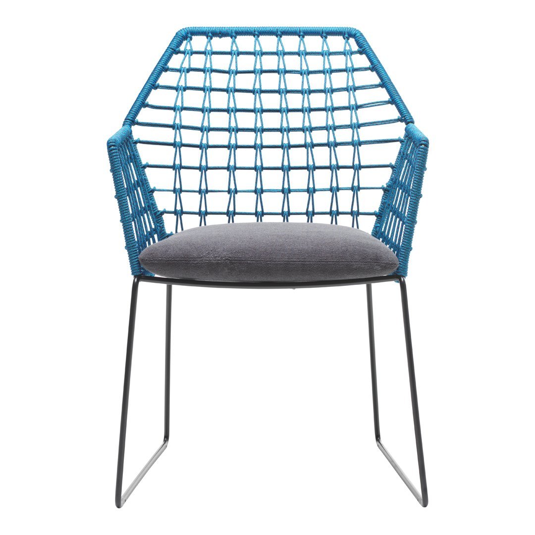 Blue geometric woven chair with a gray cushioned seat and sleek black metal legs. Perfect for modern decor.