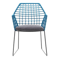 Blue geometric woven chair with a gray cushioned seat and sleek black metal legs. Perfect for modern decor.