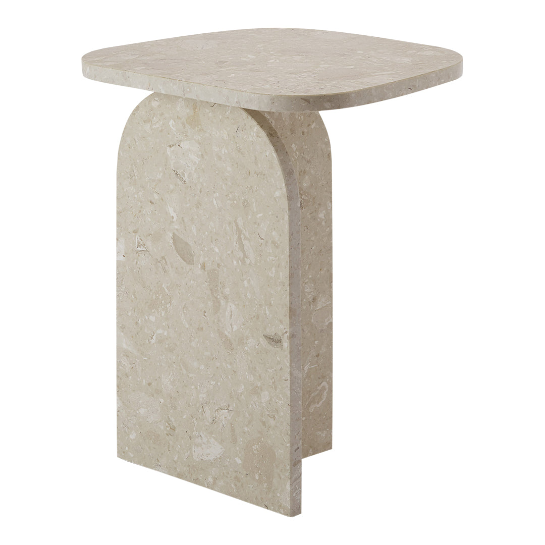 Light beige square side table with a textured stone pattern and smooth finish. Ideal for modern decor.