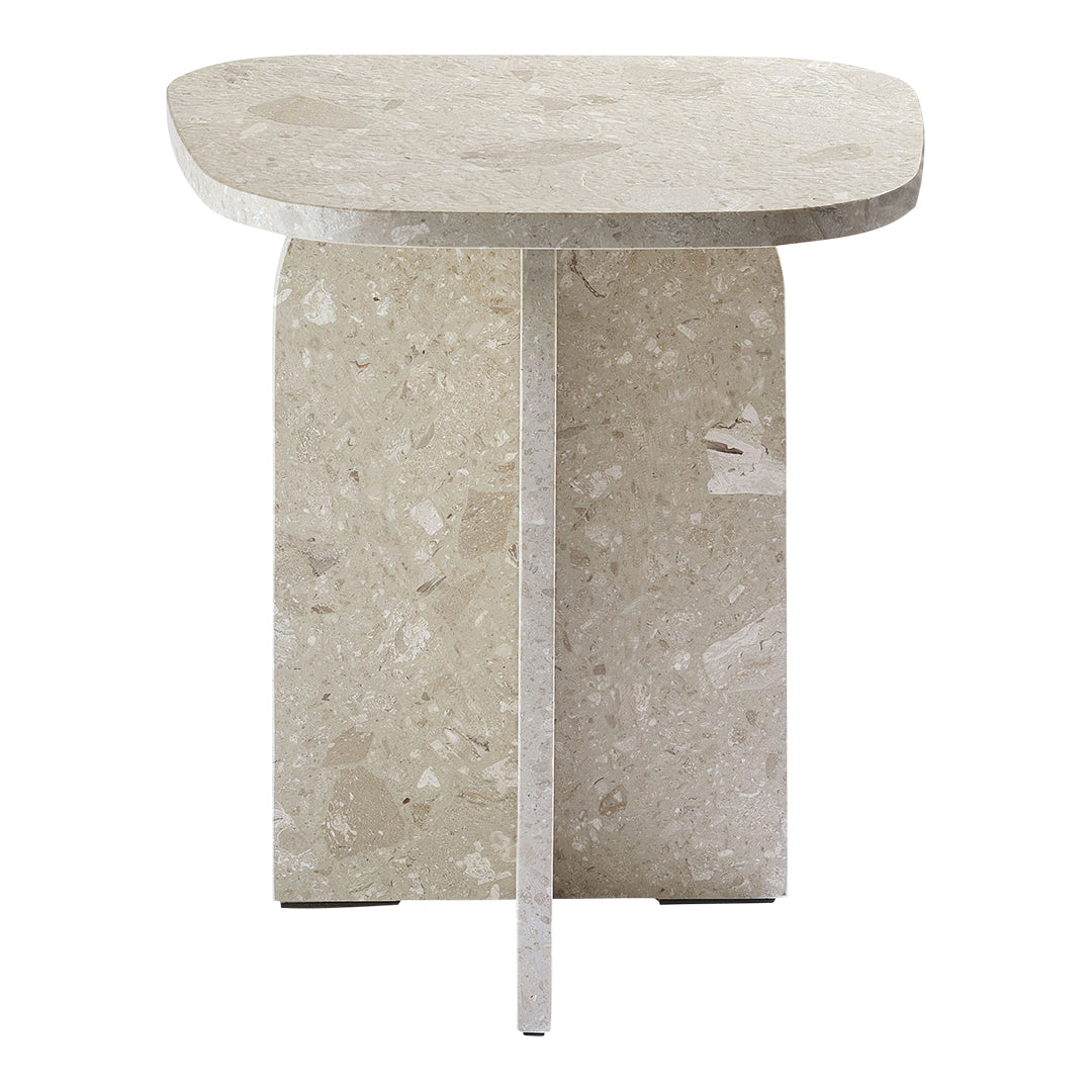 Light beige side table with a textured, speckled pattern and smooth rounded edges. Perfect for modern decor.