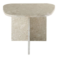 Light beige stone side table with subtle speckled patterns and a rounded top for a modern accent in any space.