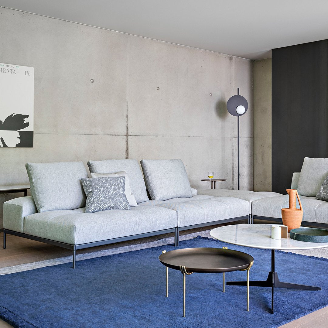 Light gray sofa on a blue rug, black coffee table, and minimalistic decor in a modern living space.