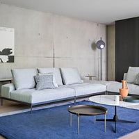 Light gray sofa on a blue rug, black coffee table, and minimalistic decor in a modern living space.