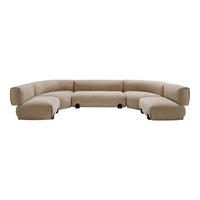 Beige curved sectional sofa with a smooth texture and modern design, featuring soft, neutral tones for versatile decor.