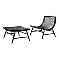 Black woven lounge chair and ottoman set with minimalist design and striking geometric patterns. Perfect for modern decor.