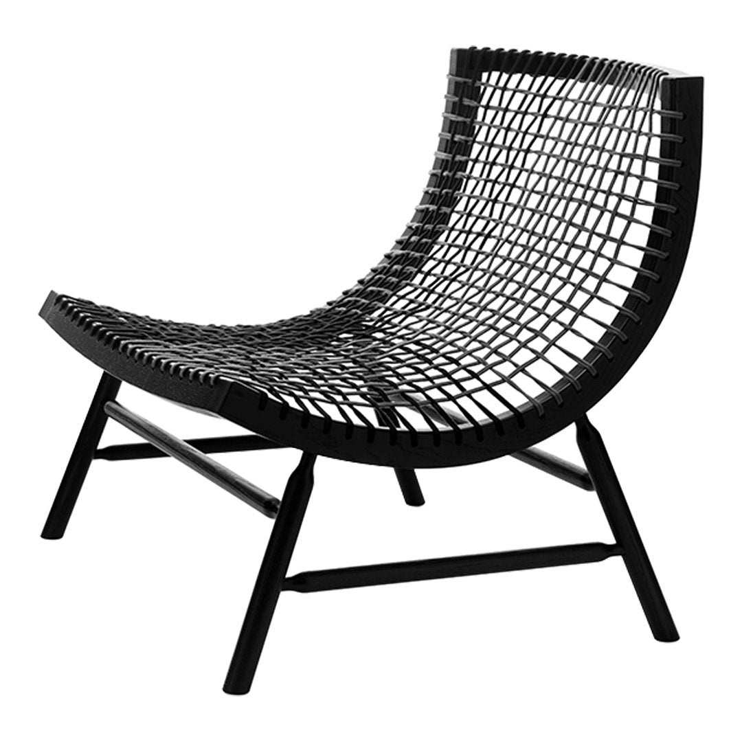 Black woven chair with a curved design and unique grid pattern, adding modern style to any space.