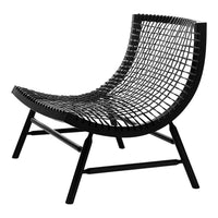 Black woven chair with a curved design and unique grid pattern, adding modern style to any space.