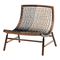 "Wooden lounge chair featuring a brown and black woven pattern for a stylish boho touch."