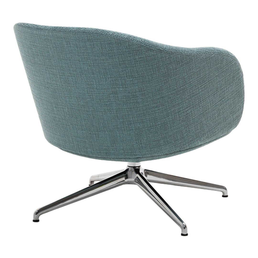 Light blue upholstered chair with a textured pattern and sleek chrome base, perfect for modern decor.