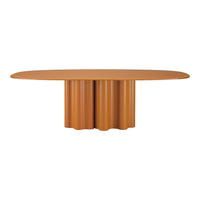 Brown oval table with a smooth top and ribbed cylindrical base, showcasing a warm, earthy color palette.