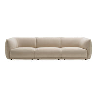 Beige fabric sofa with a minimalist design and smooth, rounded edges, perfect for modern living spaces.