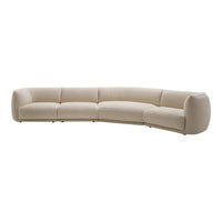 Curved beige sectional sofa with a smooth, minimalist design and soft fabric upholstery. Ideal for modern interiors.