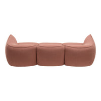 Soft pink three-seater sofa with curved, minimalist design and smooth texture. Ideal for modern interiors.