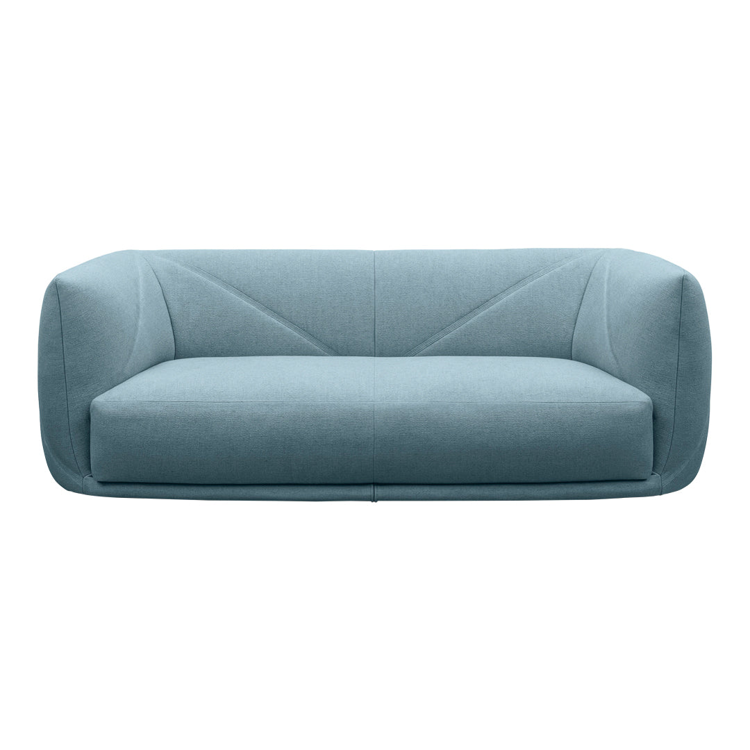 Soft blue upholstered sofa with smooth lines and subtle geometric pattern. Ideal for modern living spaces.