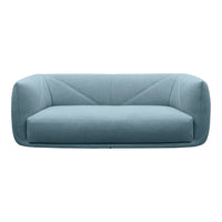 Soft blue upholstered sofa with smooth lines and subtle geometric pattern. Ideal for modern living spaces.
