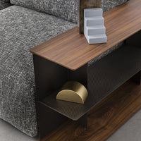 Wooden tabletop with a dark metal base, featuring grey textured upholstery and gold and white decorative elements.