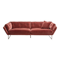 Modern velvet sofa in rich rust color with a smooth texture and subtle tufted design. Perfect for stylish living spaces.