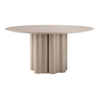 Round beige dining table with a pleated base, featuring a smooth circular top and textured architectural pattern.