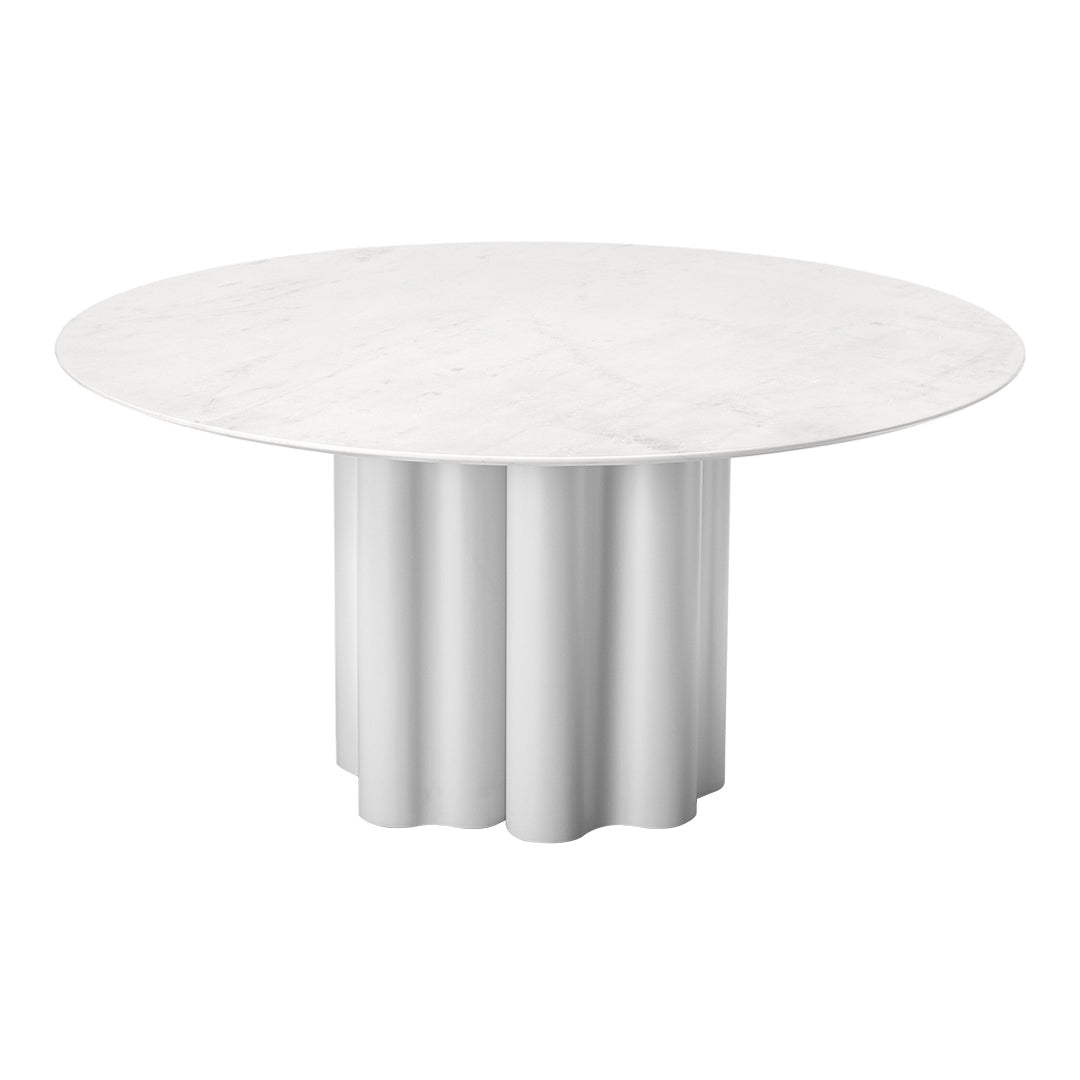 Round white marble table with a sleek cylindrical pedestal, featuring a smooth, polished surface and minimalist design.