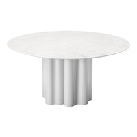 Round white marble table with a sleek cylindrical pedestal, featuring a smooth, polished surface and minimalist design.