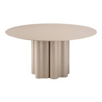 Round beige dining table with a smooth surface and fluted, contrasting base for a modern aesthetic.