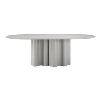 Elegant oval dining table in soft gray with a modern, fluted base design. Ideal for contemporary decor.