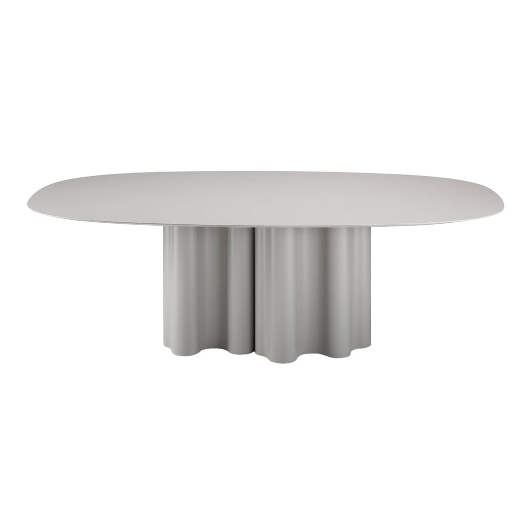 Oval gray dining table with a smooth surface and a unique fluted base design, perfect for modern interiors.