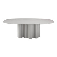 Oval gray dining table with a smooth surface and a unique fluted base design, perfect for modern interiors.