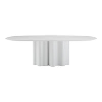 Modern oval dining table in sleek white with a textured, wavy pedestal base. Perfect for contemporary interiors.