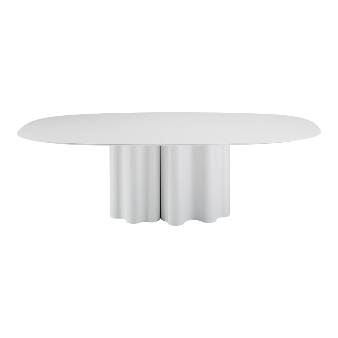 Stylish oval white dining table with a sculptural base featuring a smooth, modern finish. Ideal for contemporary interiors.