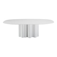 Stylish oval white dining table with a sculptural base featuring a smooth, modern finish. Ideal for contemporary interiors.