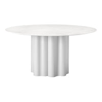 Round white marble table with a sleek, fluted pedestal design, perfect for modern dining spaces.