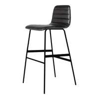 Black bar stool with a sleek, ribbed seat and minimalist black metal frame, perfect for modern decor.