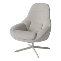 Light gray upholstered chair with smooth, modern curves and a minimalist design on a sleek metal base.
