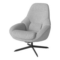 Gray upholstered chair with a textured pattern and a sleek black metal base. Ideal for modern interiors.