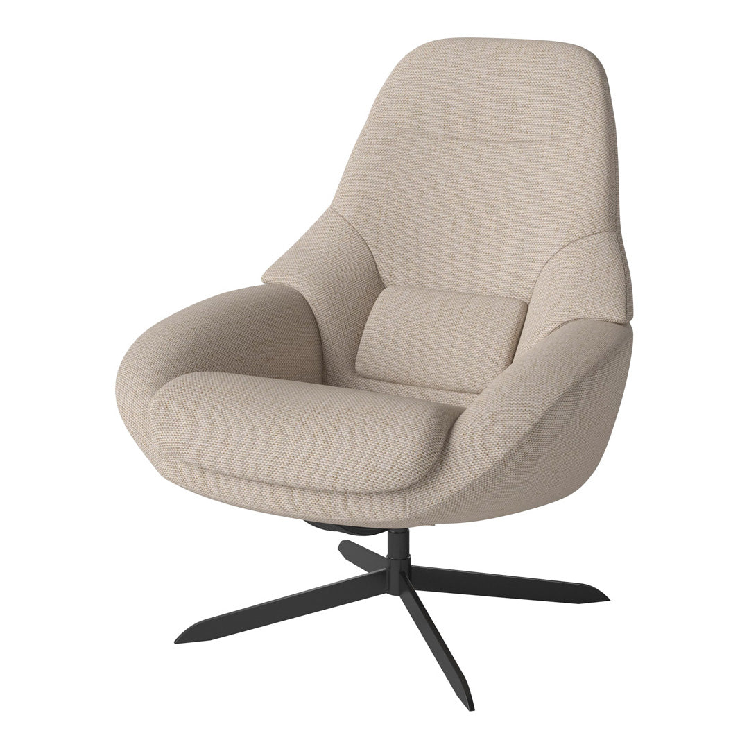 Beige upholstered chair with a smooth, texture-rich finish and minimalist design, featuring a sleek black swivel base.