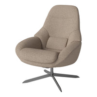 Tan upholstered swivel chair with a smooth, minimalist design and subtle texture, perfect for modern interiors.