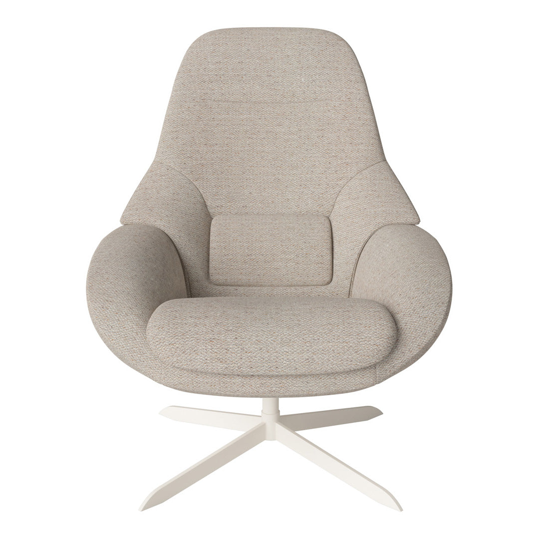 Light beige upholstered armchair with smooth, modern curves and a minimalist design, featuring a white base.