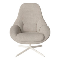 Light beige upholstered armchair with smooth, modern curves and a minimalist design, featuring a white base.