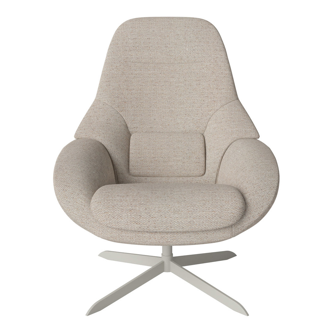 Light gray textured armchair with a minimalist design and sleek silver base, offering a modern aesthetic.