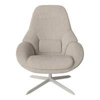 Light gray textured armchair with a minimalist design and sleek silver base, offering a modern aesthetic.