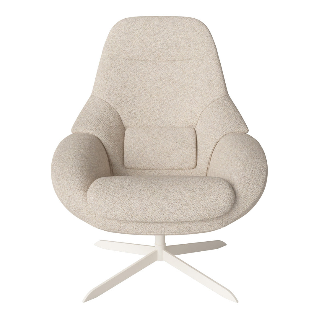 Beige textured armchair with a smooth finish and subtle design, featuring a modern swivel base.
