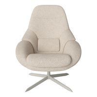 Light beige upholstered chair with a smooth, minimalist design and subtle texture, featuring a sleek silver base.