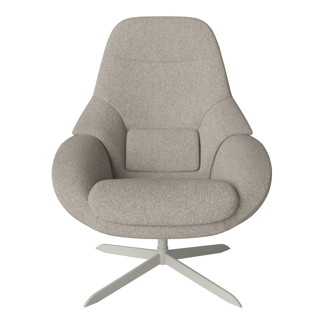 Light gray upholstered modern lounge chair with smooth, curvy lines and a minimalist design.