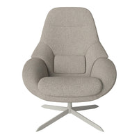 Light gray upholstered modern lounge chair with smooth, curvy lines and a minimalist design.